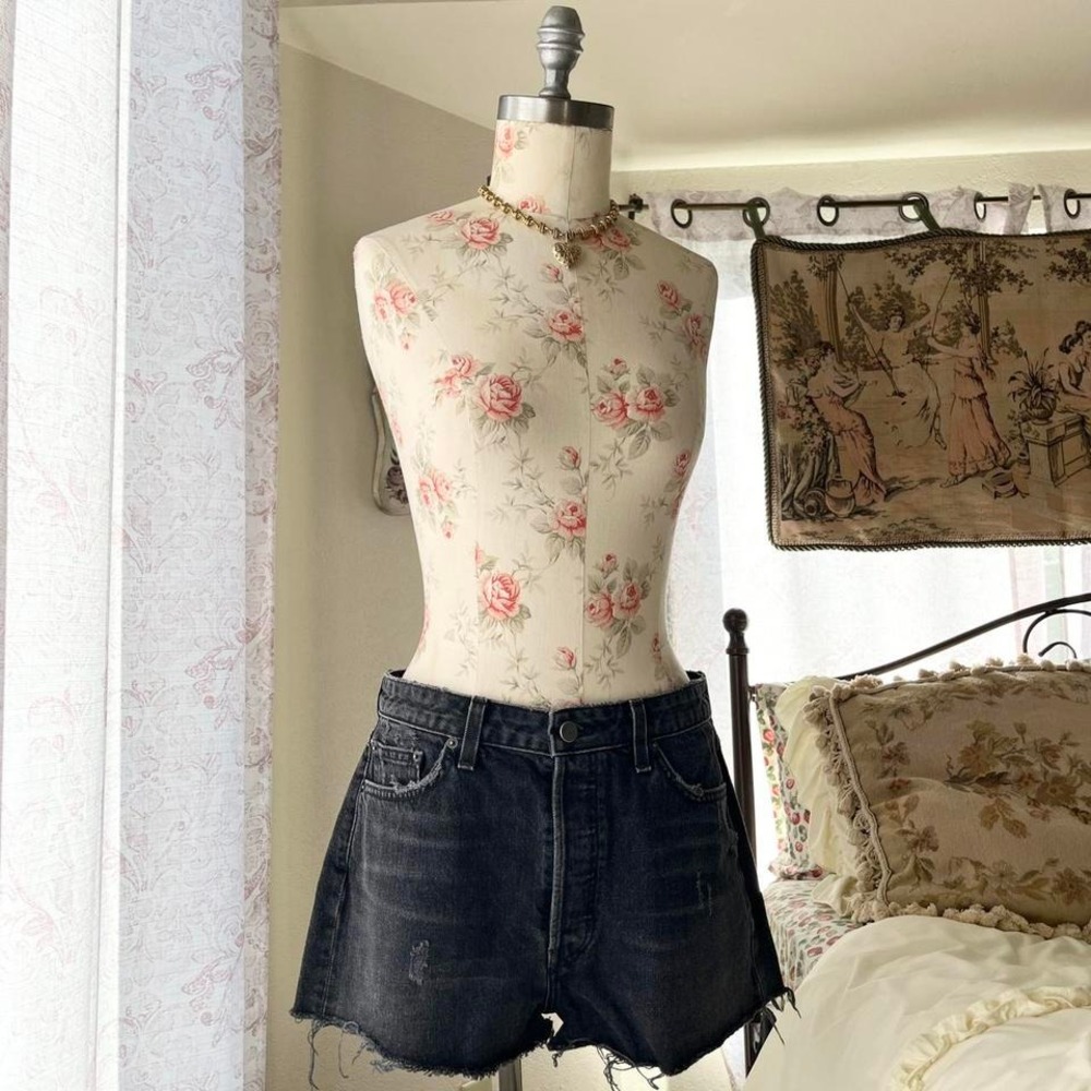 Reformation Black Distressed Denim Jean Shorts